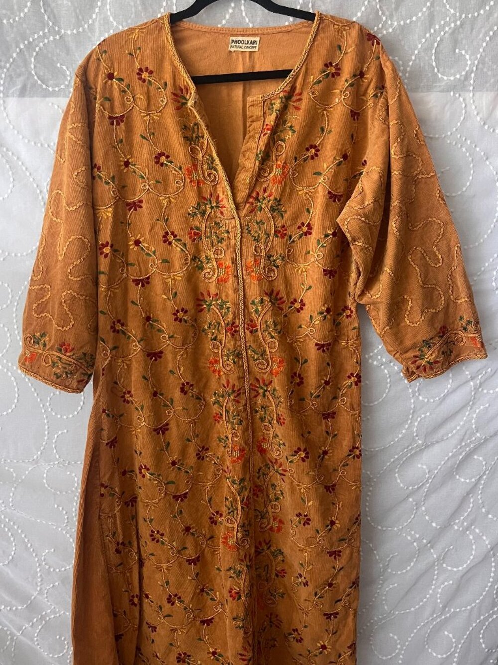 Phoolkari Natural Concept Orange Block Print Silk Kaftan Midi Dress Tunic